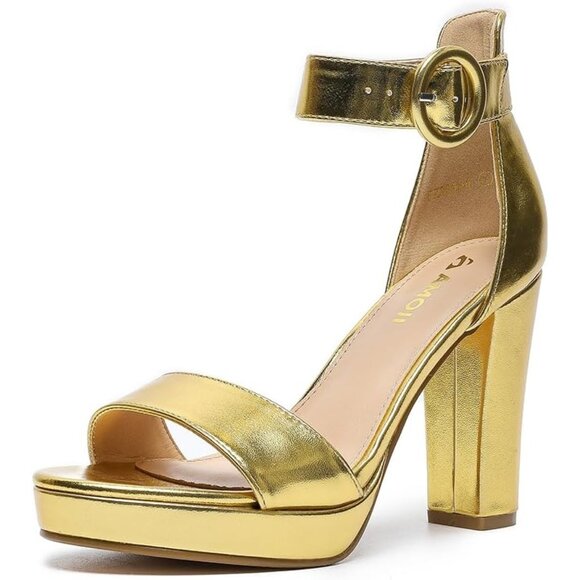 Amoji Women Pu-gold Faux Suede Open Toe High Heel Chunky Platform Sandals - Picture 1 of 7